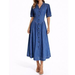 Pilcro Anthropologie Denim Midi Dress 100% Cotton Puff Sleeve Indigo Blue 6